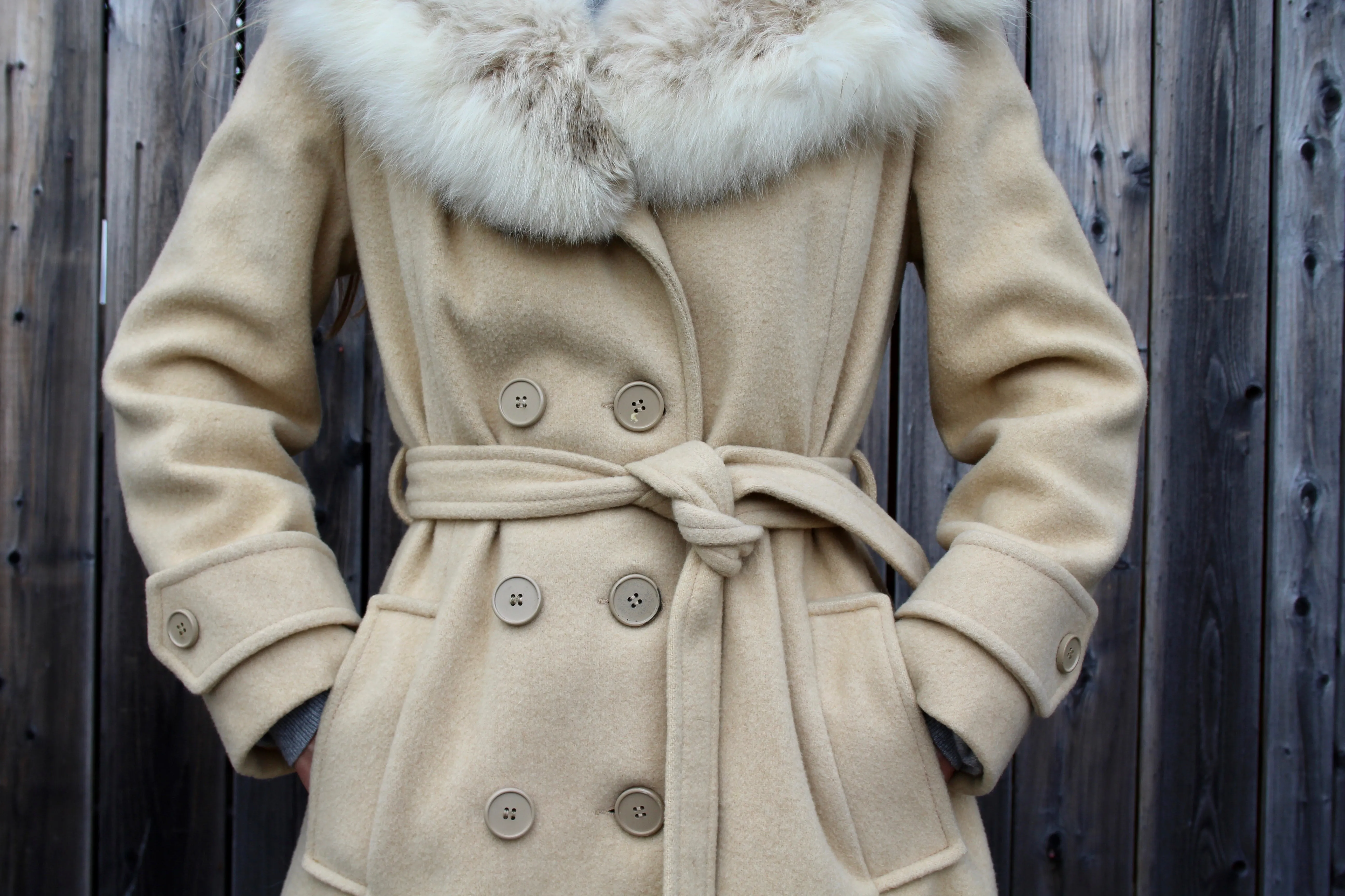 1970s 100% Wool Belted Trench Coat with Fur Trim - XS/S