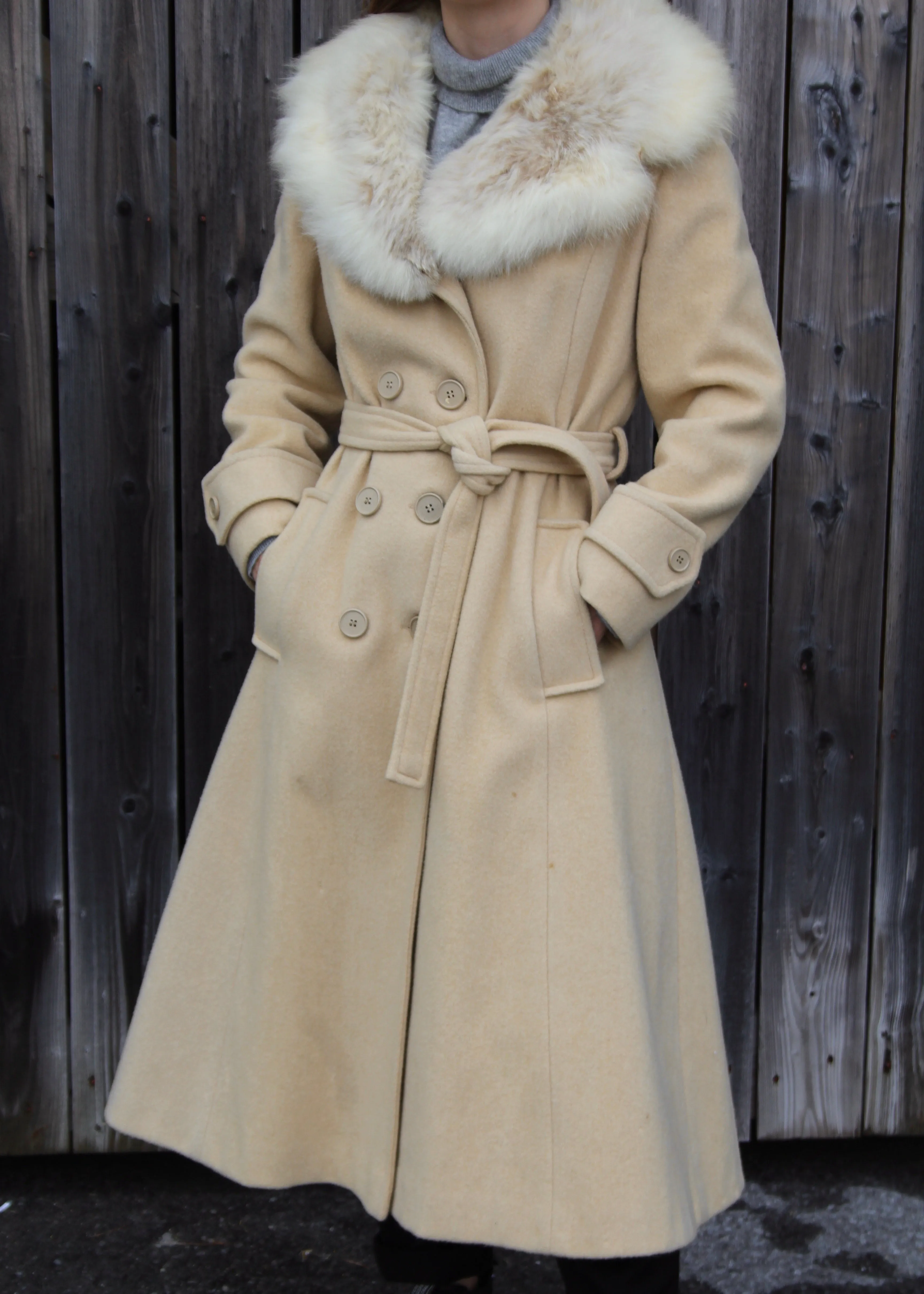 1970s 100% Wool Belted Trench Coat with Fur Trim - XS/S