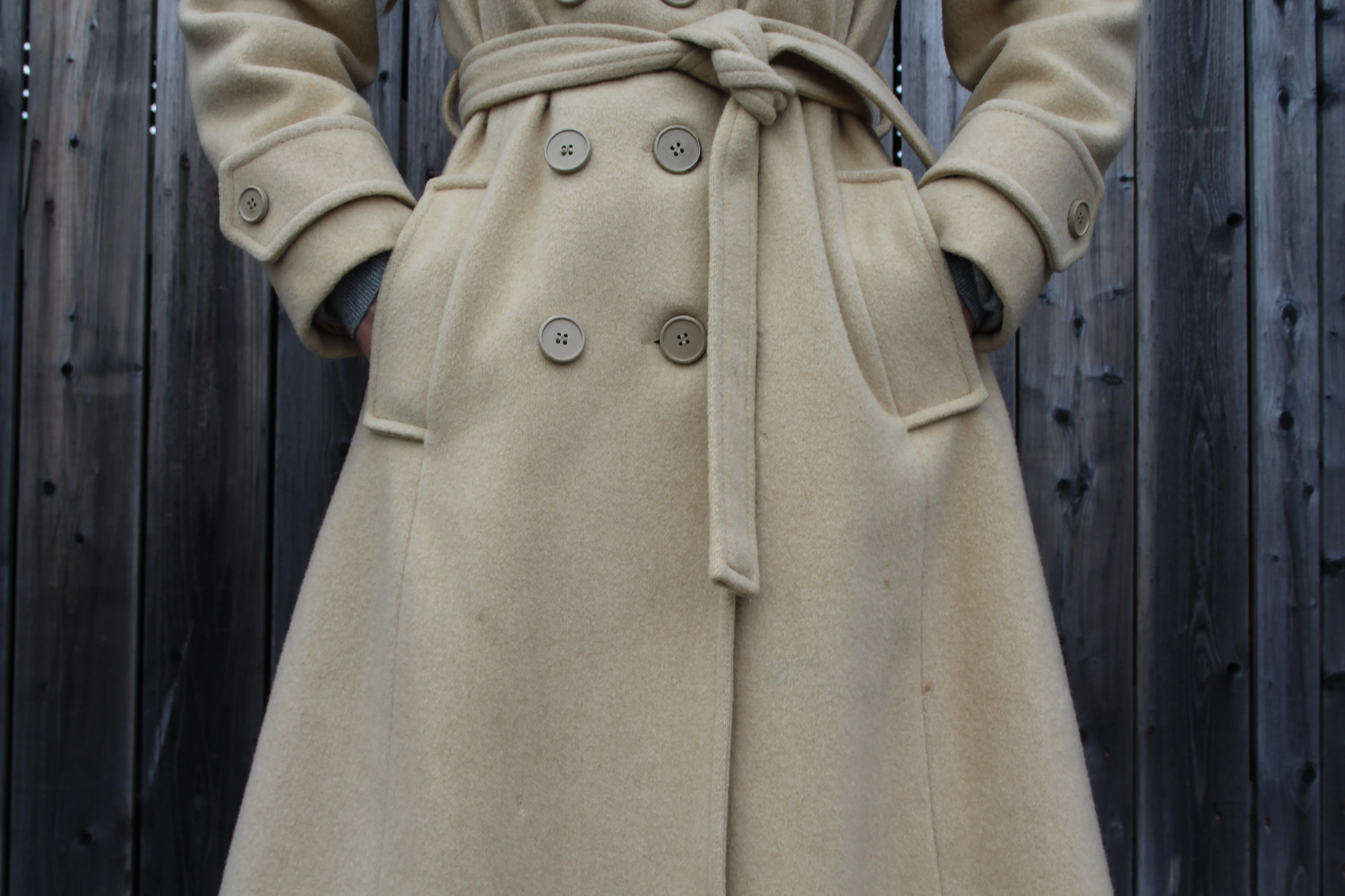 1970s 100% Wool Belted Trench Coat with Fur Trim - XS/S