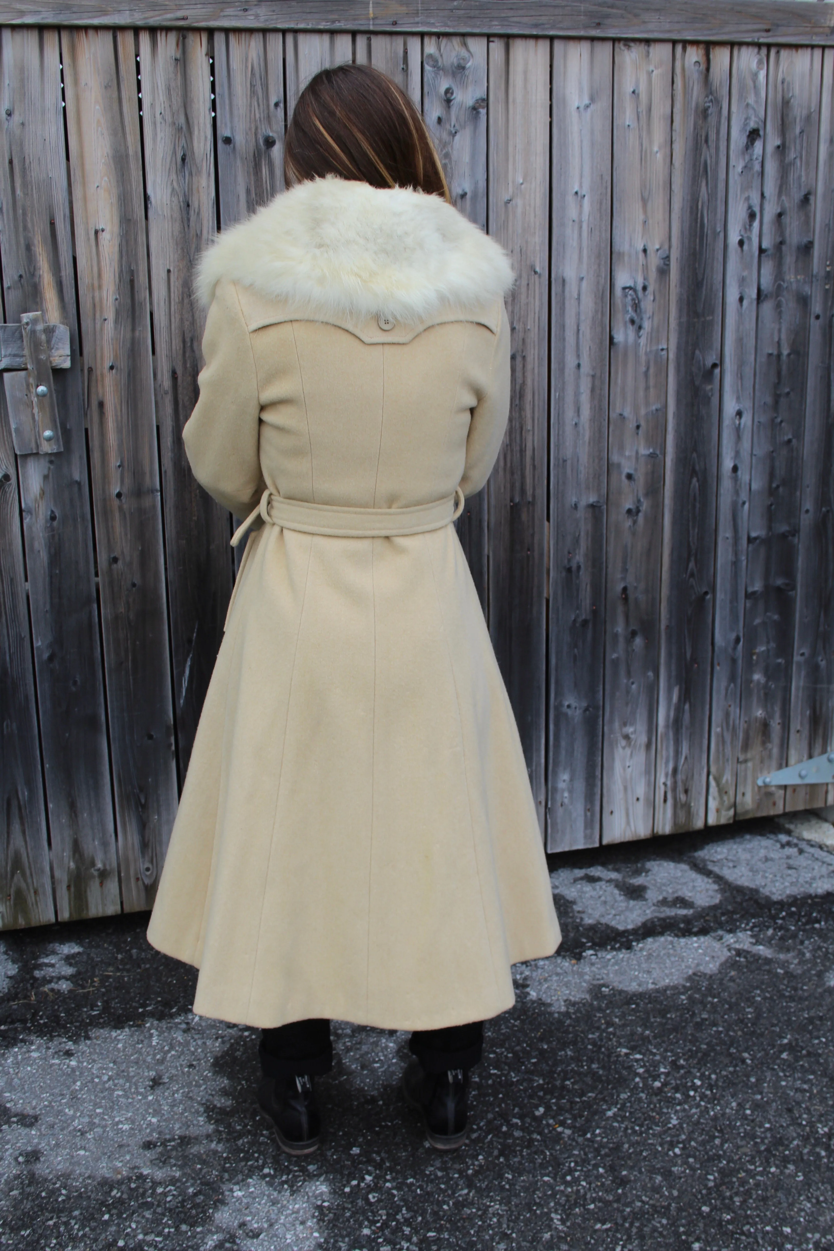 1970s 100% Wool Belted Trench Coat with Fur Trim - XS/S