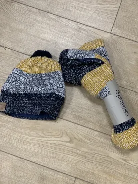 3Pommes Navy and Yellow Knit Scarf And Pom Hat Set