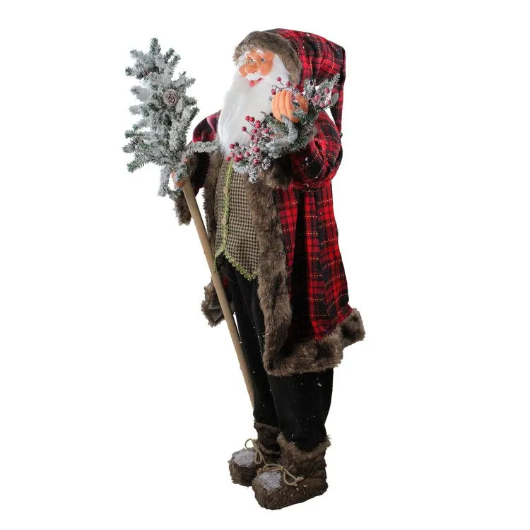 5' Red and Gray Standing Santa Claus Christmas Figurine with Flocked Alpine Tree