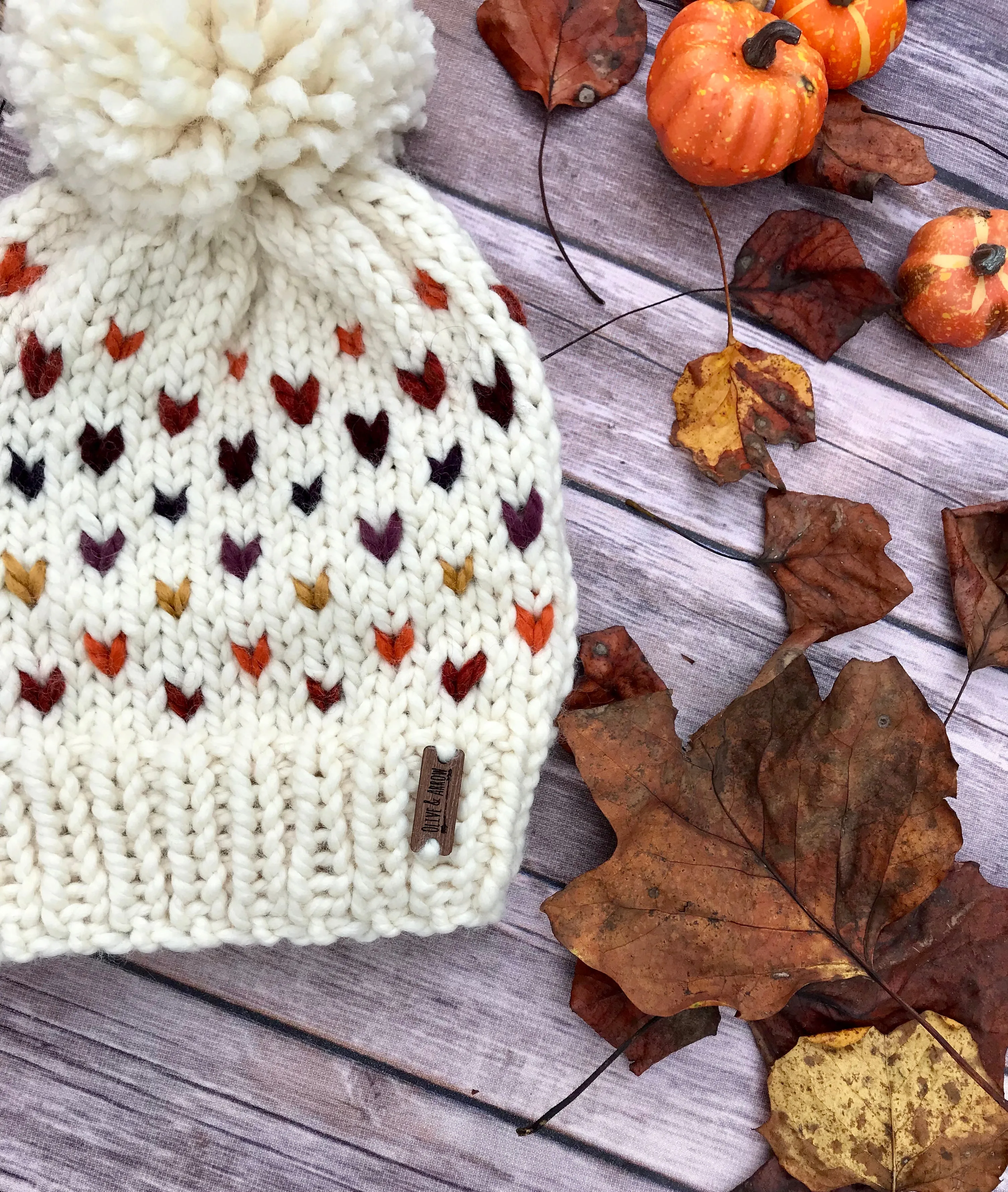 Adult Knitted Fair Isle Hearts Beanie with Yarn Pom Pom // Retro Rainbow Hearts