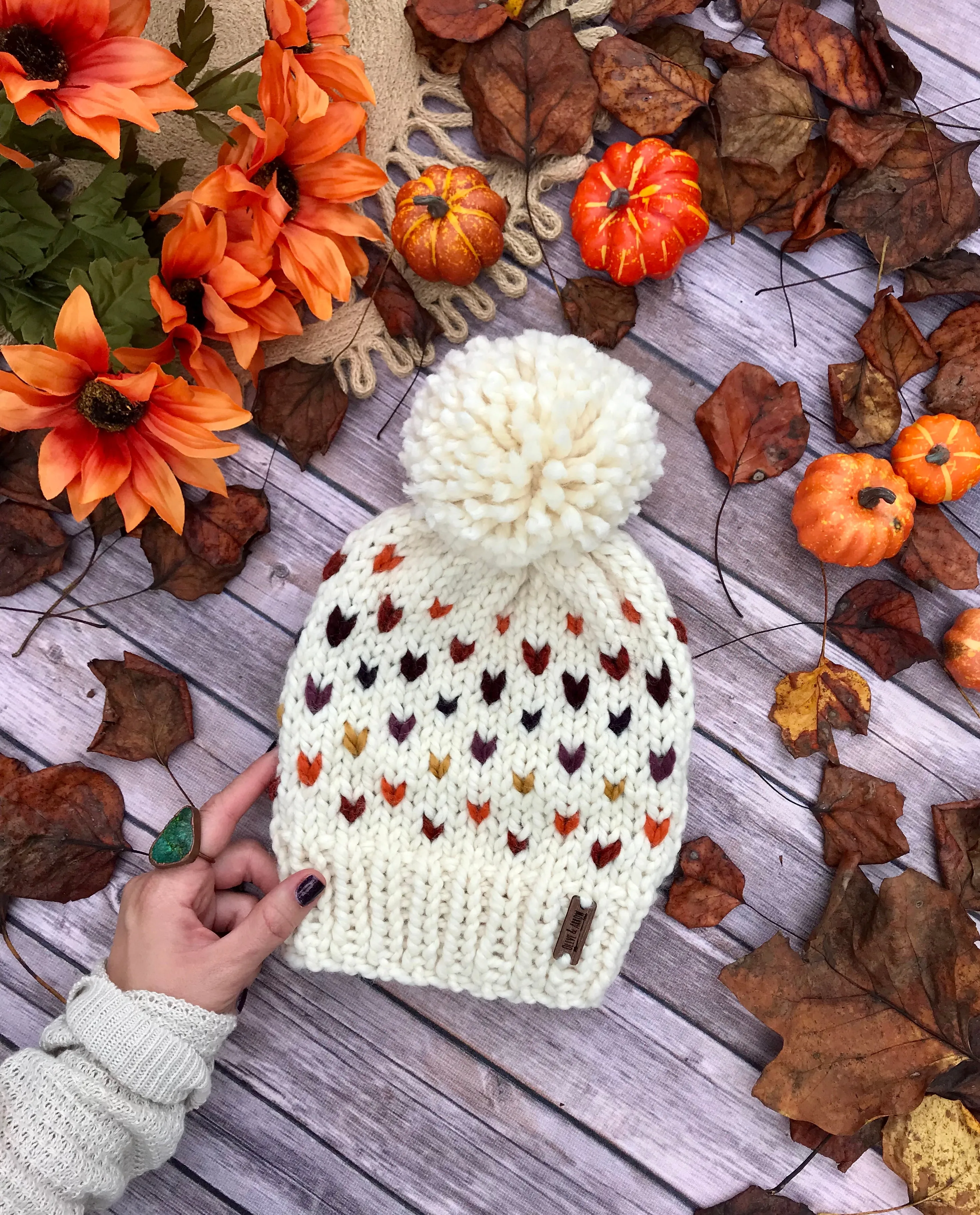 Adult Knitted Fair Isle Hearts Beanie with Yarn Pom Pom // Retro Rainbow Hearts