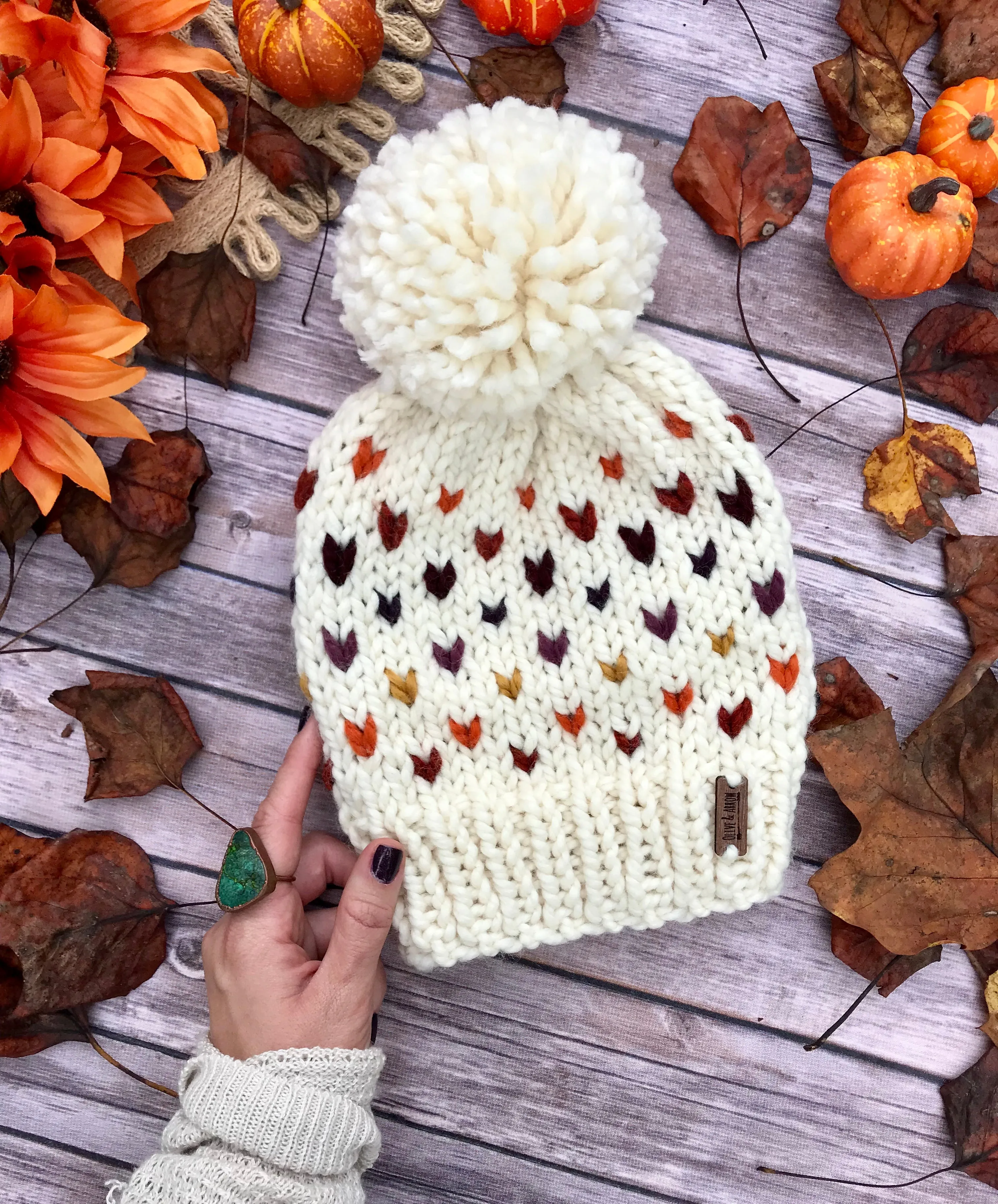 Adult Knitted Fair Isle Hearts Beanie with Yarn Pom Pom // Retro Rainbow Hearts