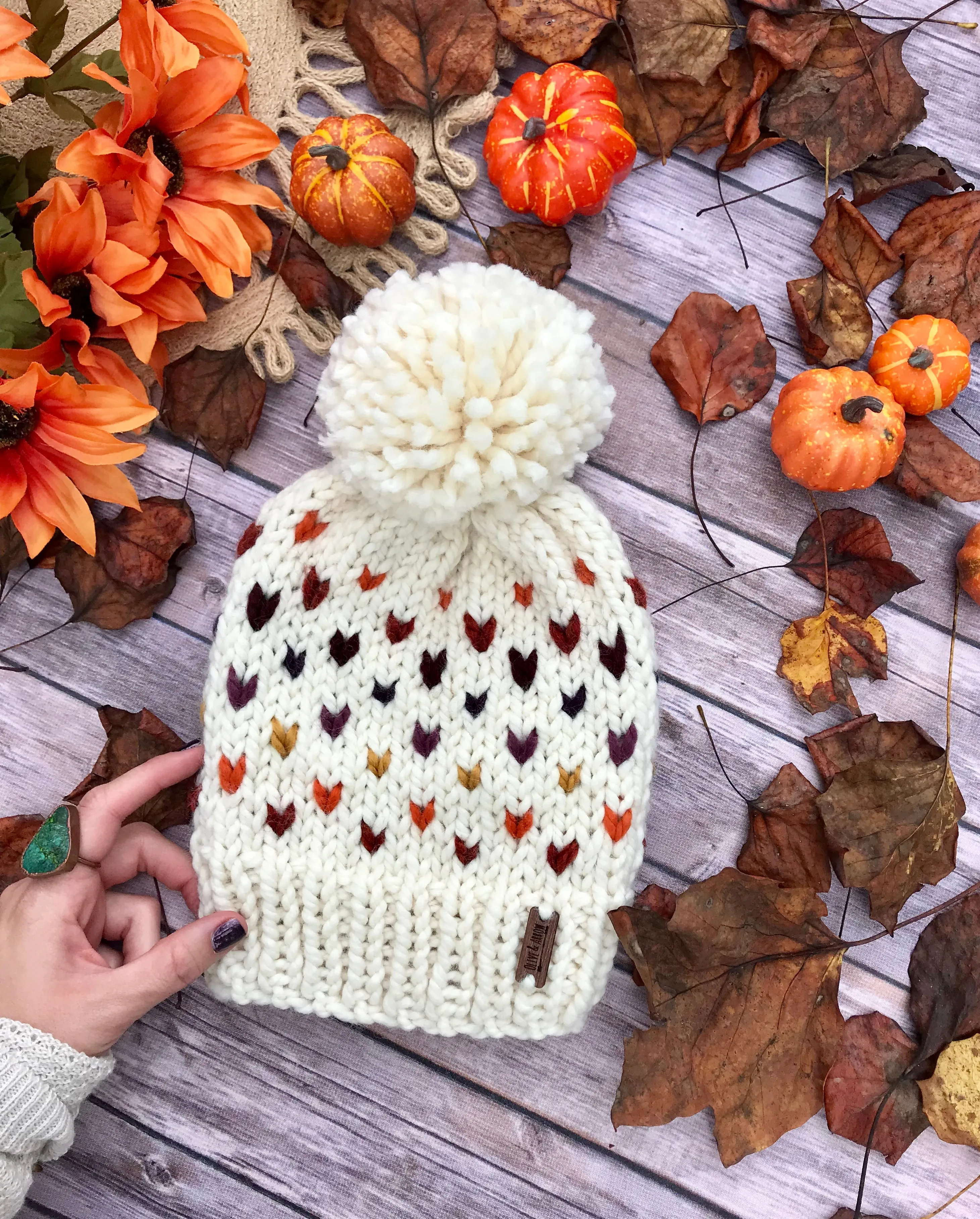 Adult Knitted Fair Isle Hearts Beanie with Yarn Pom Pom // Retro Rainbow Hearts