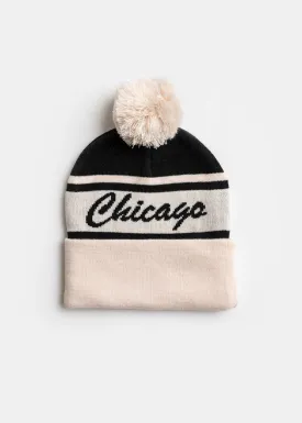 Adult Mad Hatter Chicago Pom Beanie - Black Script