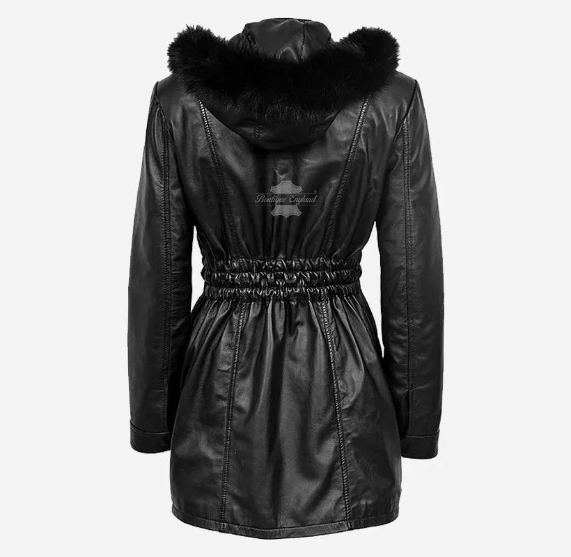 ALICE Women Hooded Parka Coat Hooded Long Leather Jacket