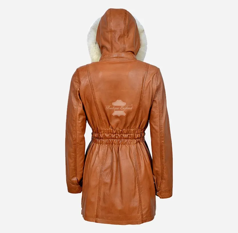 ALICE Women Hooded Parka Coat Hooded Long Leather Jacket