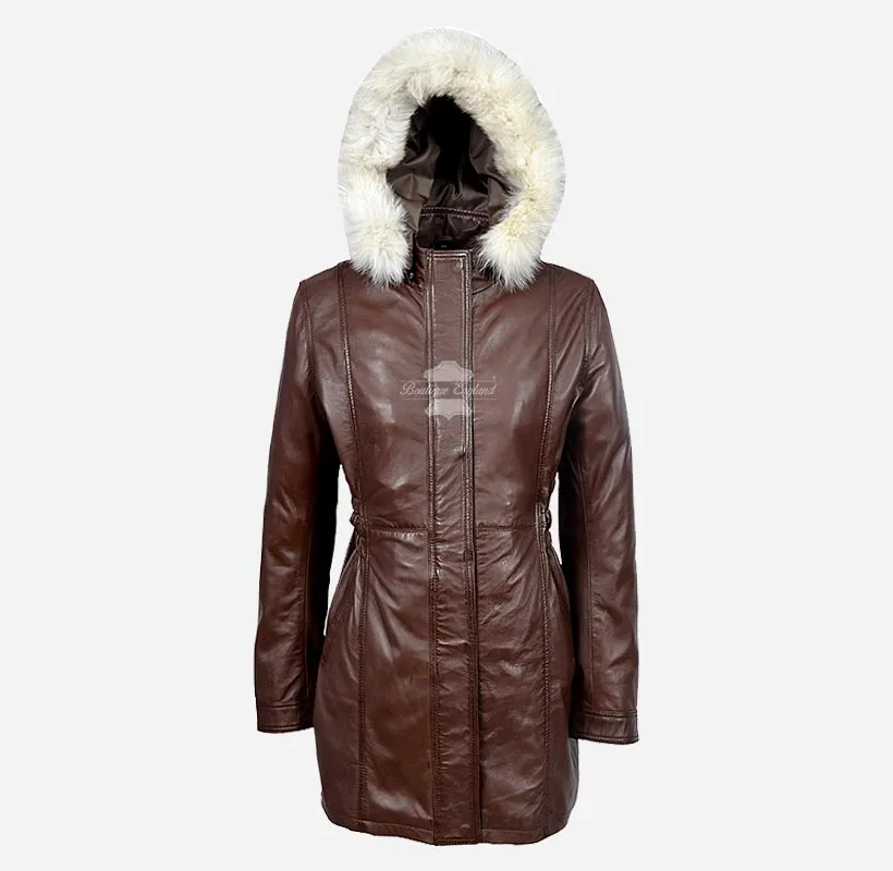 ALICE Women Hooded Parka Coat Hooded Long Leather Jacket