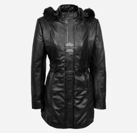 ALICE Women Hooded Parka Coat Hooded Long Leather Jacket