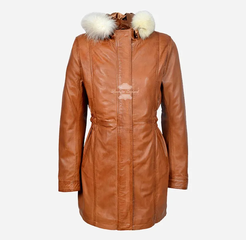 ALICE Women Hooded Parka Coat Hooded Long Leather Jacket