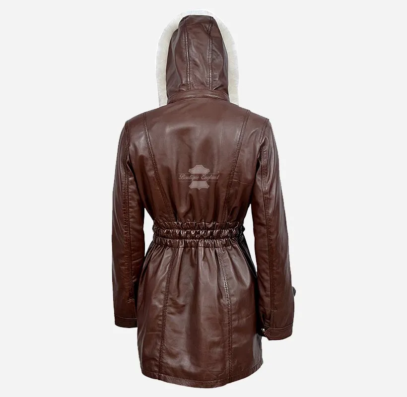 ALICE Women Hooded Parka Coat Hooded Long Leather Jacket