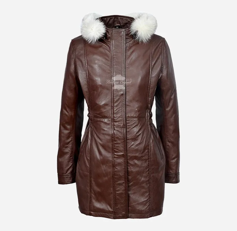 ALICE Women Hooded Parka Coat Hooded Long Leather Jacket