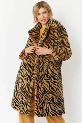 Animal Print Faux Fur Midi Shaved Shearling Coat