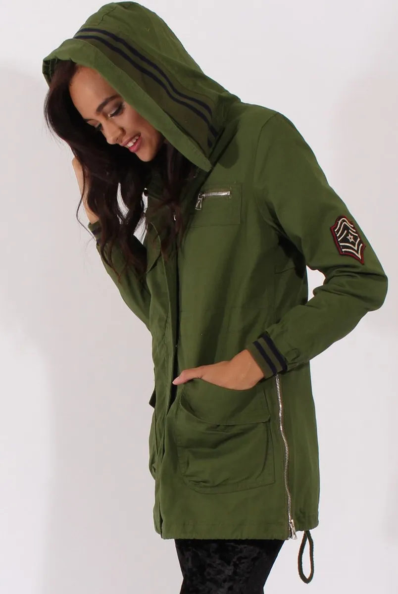 Army Green Badge Detail Parka Jacket - Phoenix