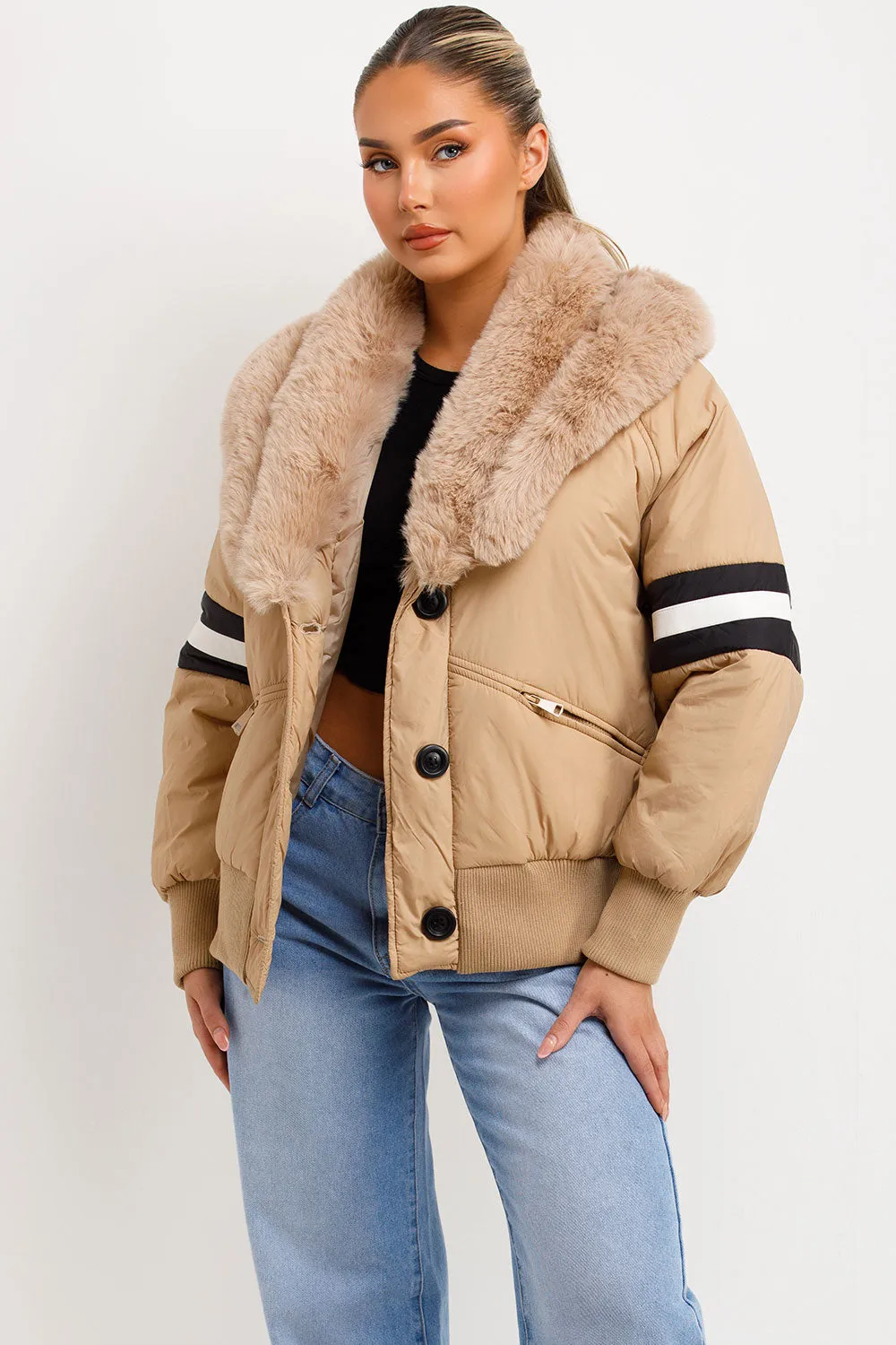 Aviator Bomber Jacket With Faux Fur And Stripe Detail Beige