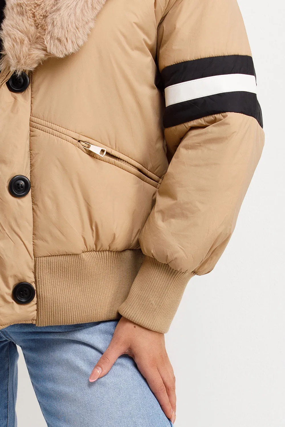 Aviator Bomber Jacket With Faux Fur And Stripe Detail Beige