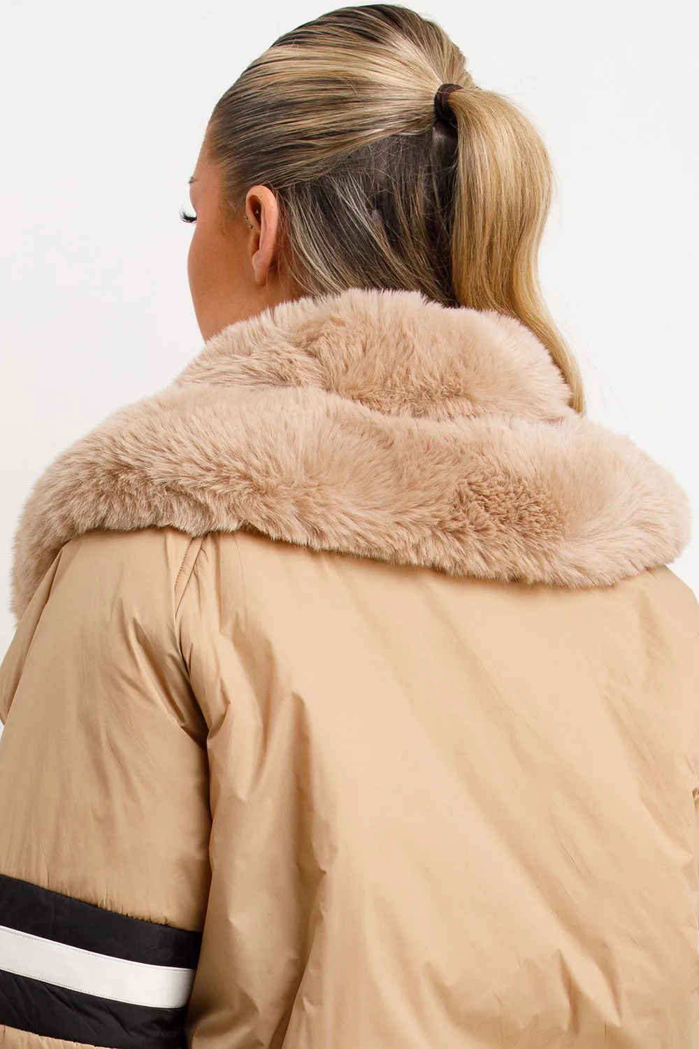 Aviator Bomber Jacket With Faux Fur And Stripe Detail Beige