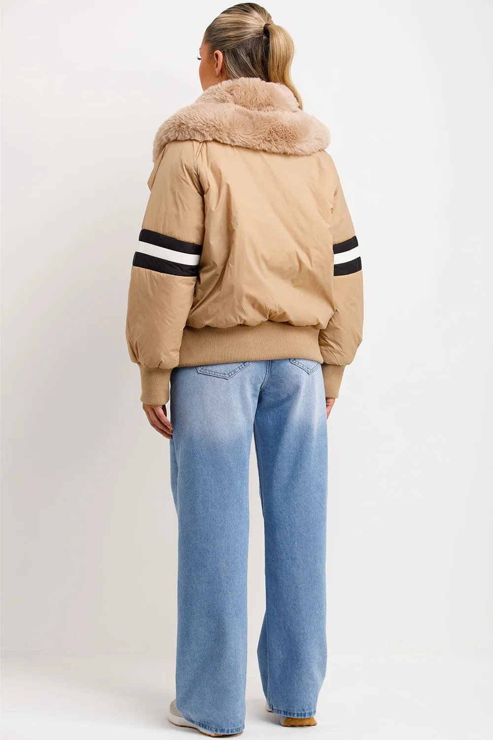 Aviator Bomber Jacket With Faux Fur And Stripe Detail Beige