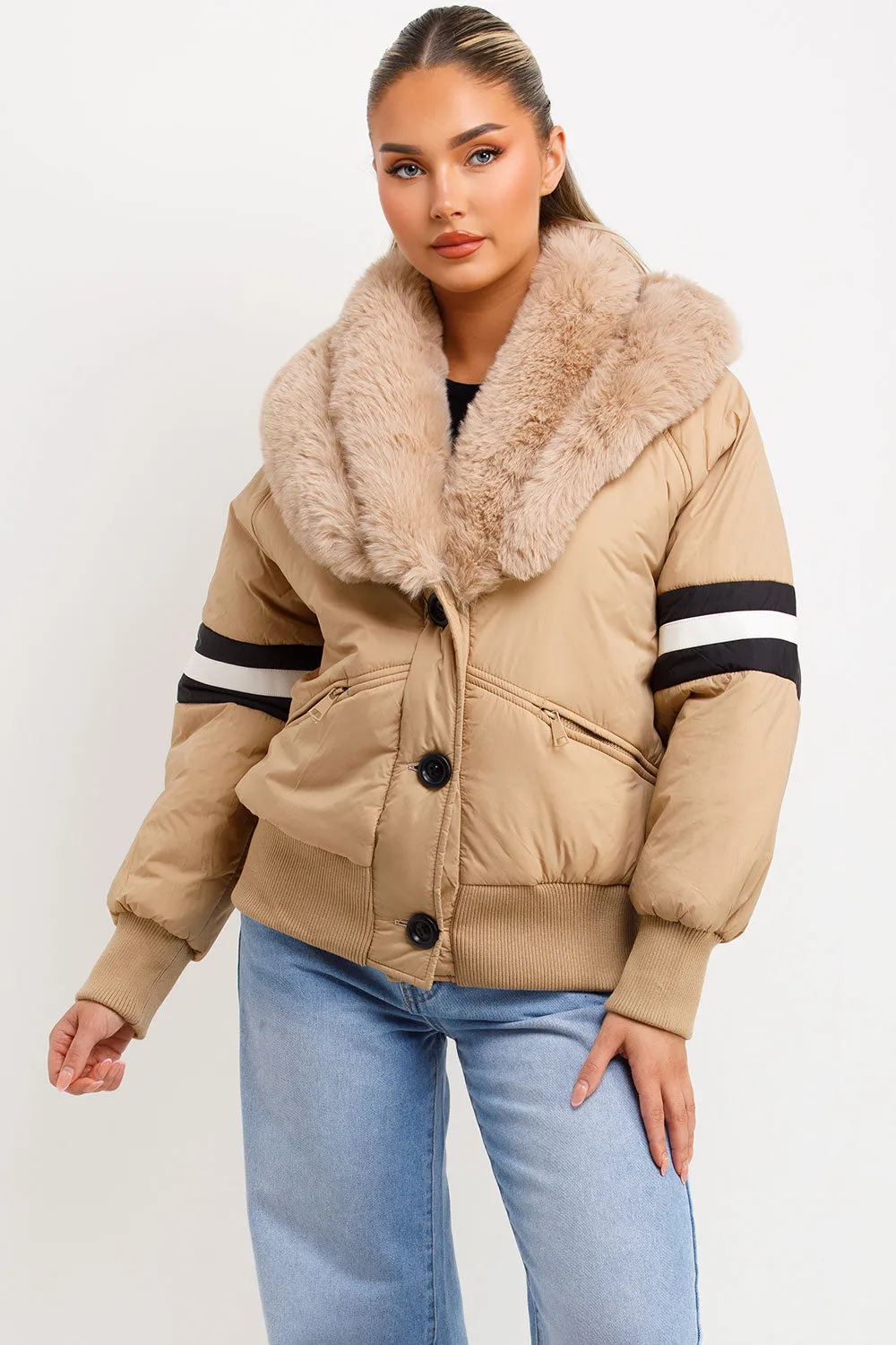 Aviator Bomber Jacket With Faux Fur And Stripe Detail Beige