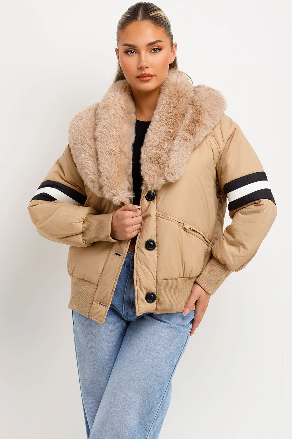 Aviator Bomber Jacket With Faux Fur And Stripe Detail Beige