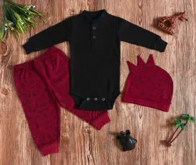 Baby Boy - Full Sleeved Thermal onesie with pants and Dino Cap Wine Red - CMB-002A