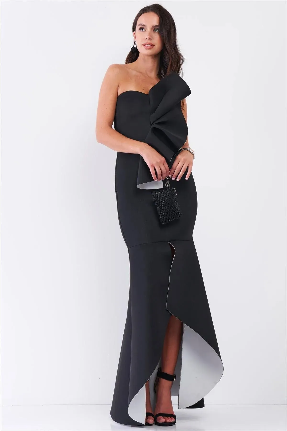 Black And White Draped Front Strapless Front Slip Mermaid Maxi Dress