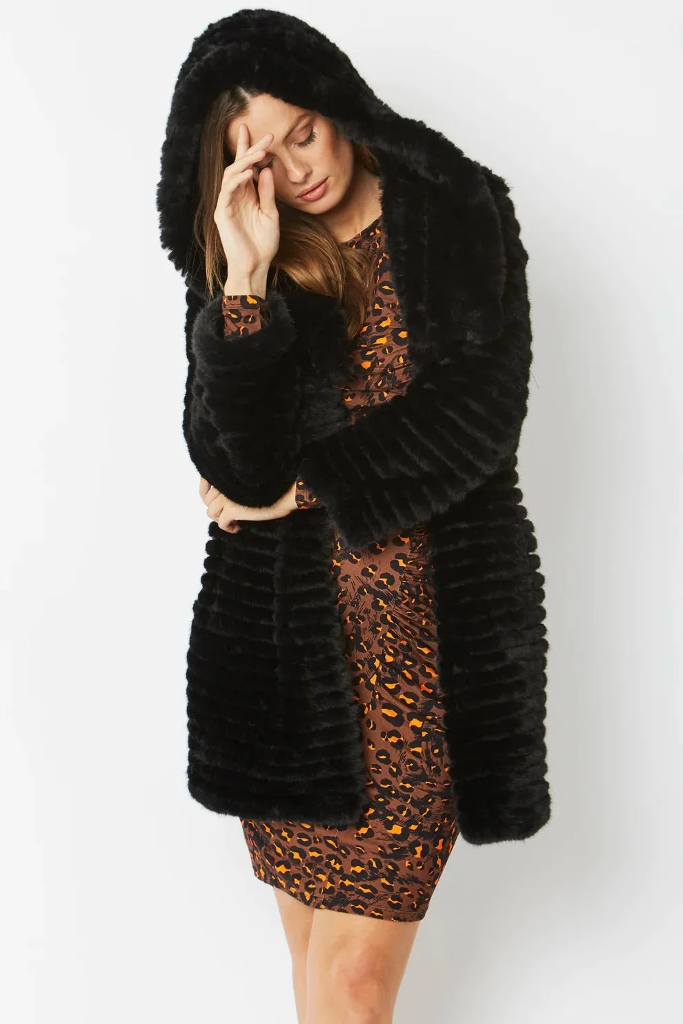 Black Faux Mink Fur Hooded Coat