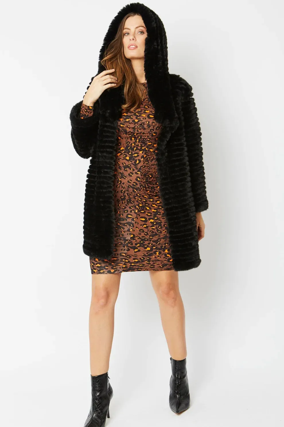 Black Faux Mink Fur Hooded Coat