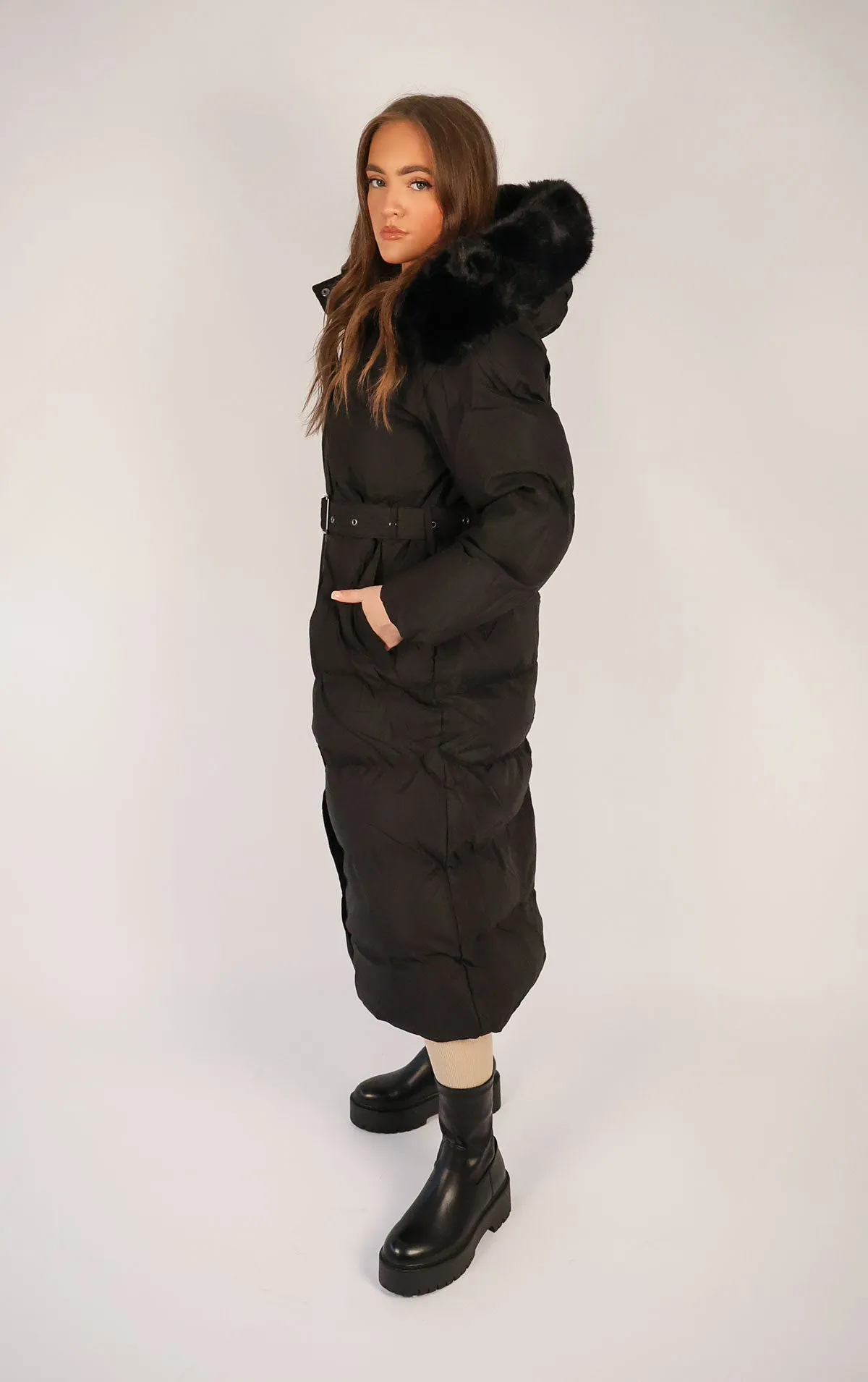 Black Long Puffer Duvet Coat With Belt and Fur Hood