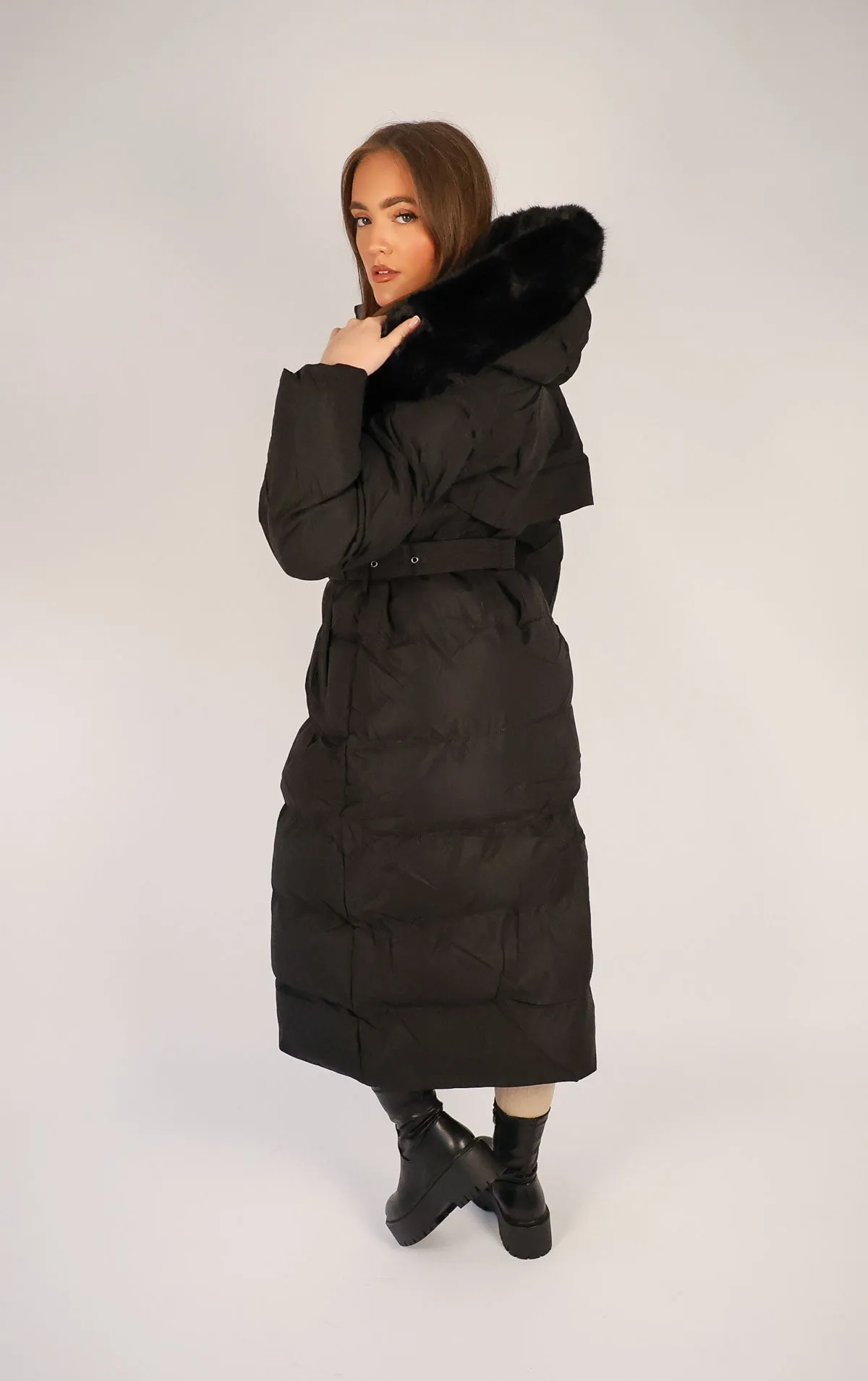 Black Long Puffer Duvet Coat With Belt and Fur Hood