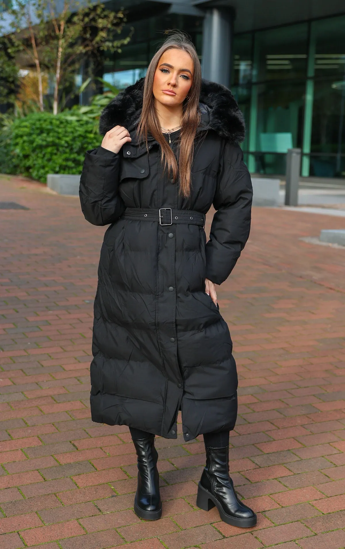 Black Long Puffer Duvet Coat With Belt and Fur Hood