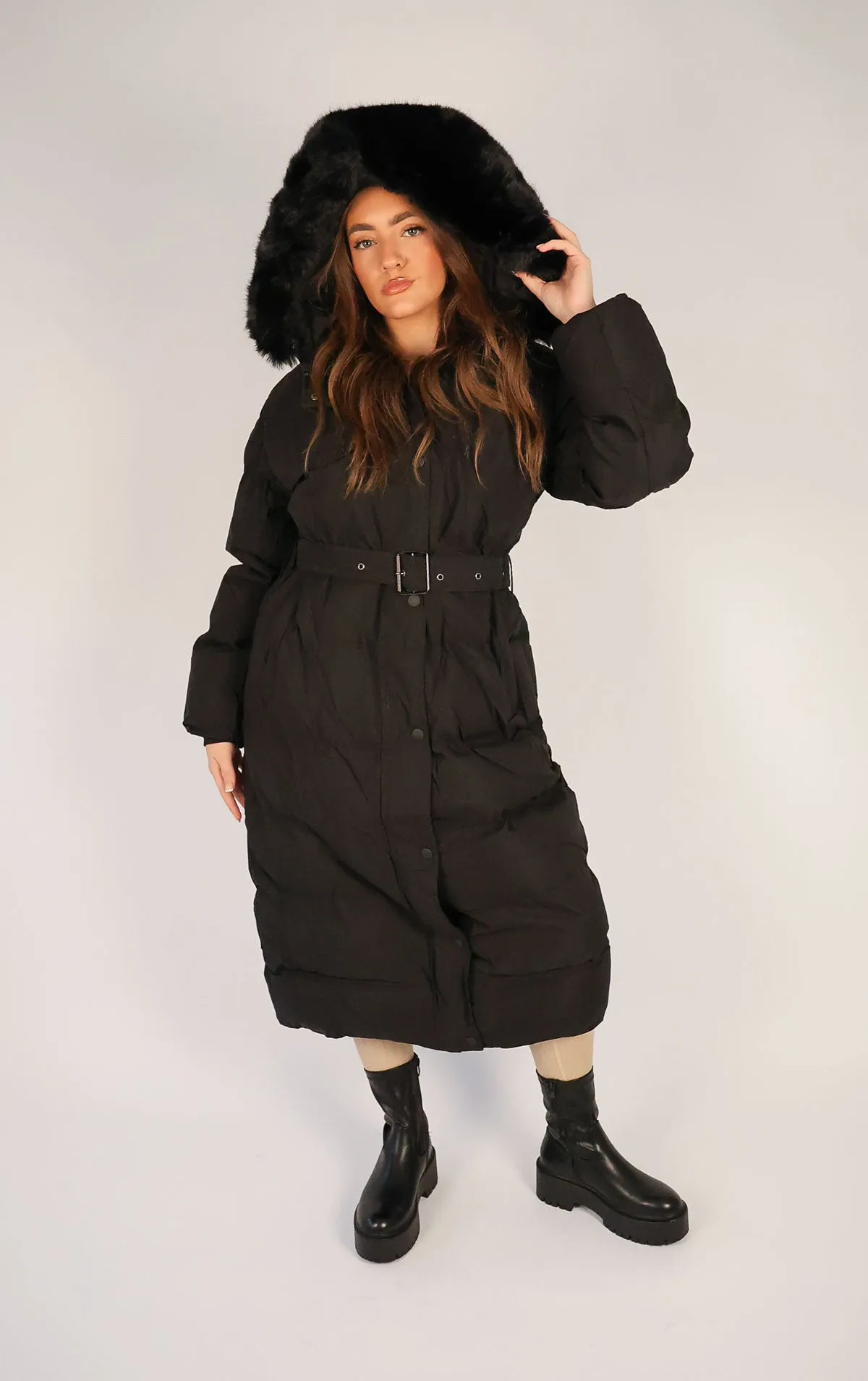 Black Long Puffer Duvet Coat With Belt and Fur Hood