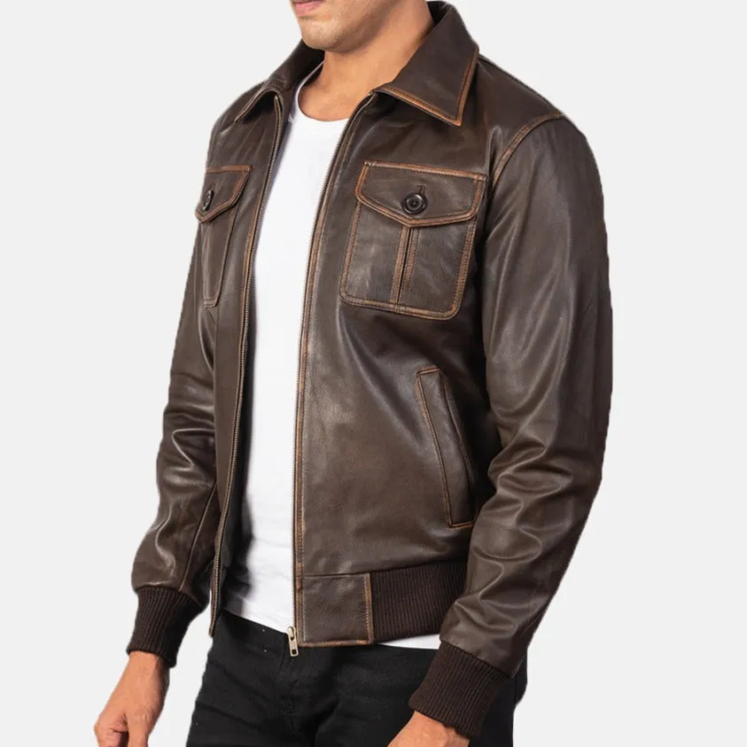 BOMBER-2401 MUSH Brown Leather Bomber Jacket