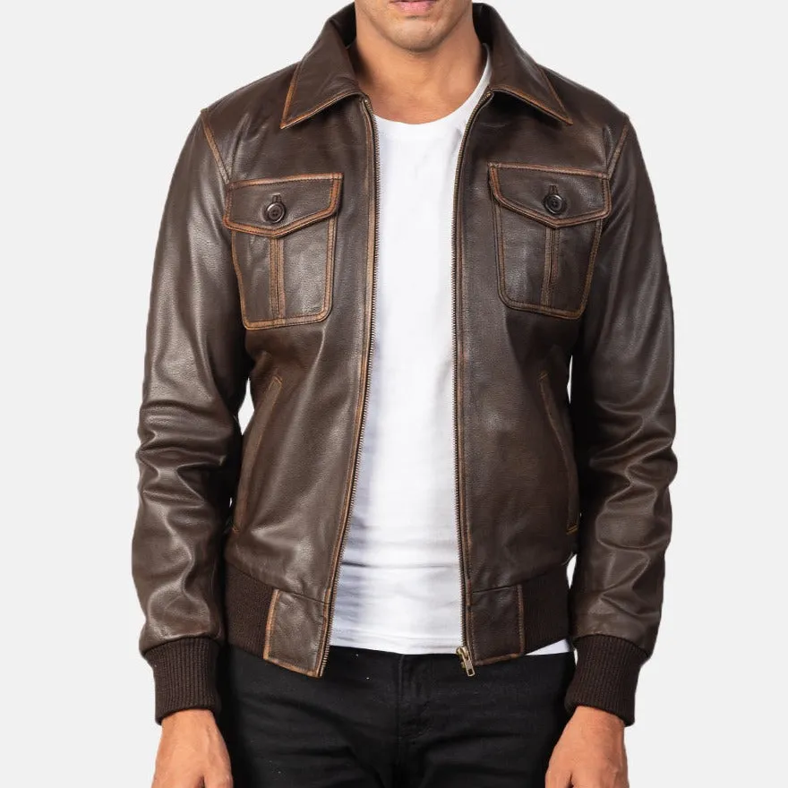 BOMBER-2401 MUSH Brown Leather Bomber Jacket