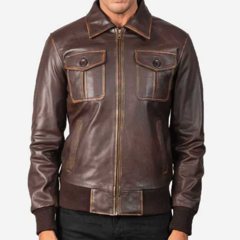 BOMBER-2401 MUSH Brown Leather Bomber Jacket