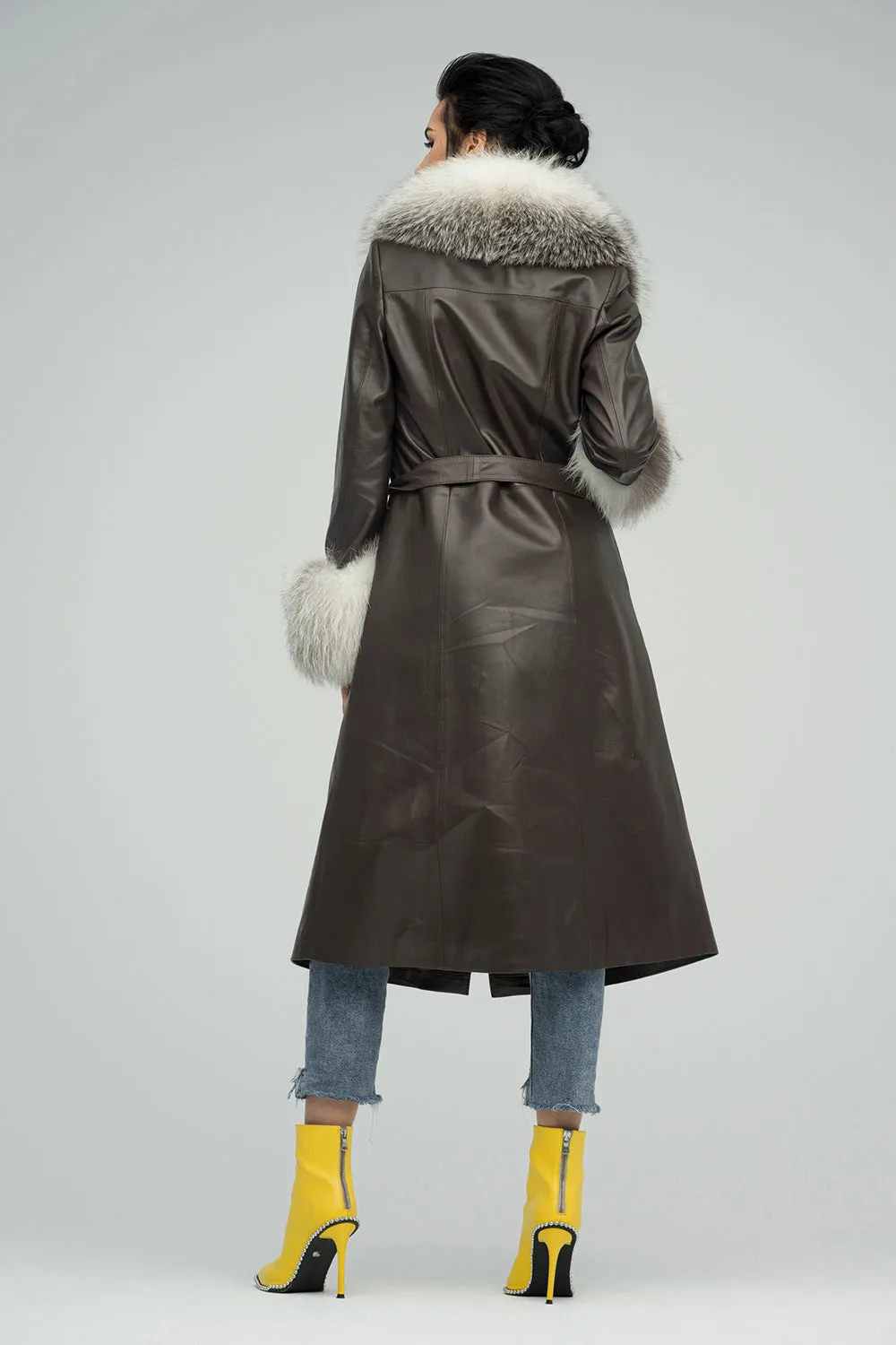 Brown Genuine Maxi Lambskin Overcoat with Arctic Fox Fur Collar and Cuffs