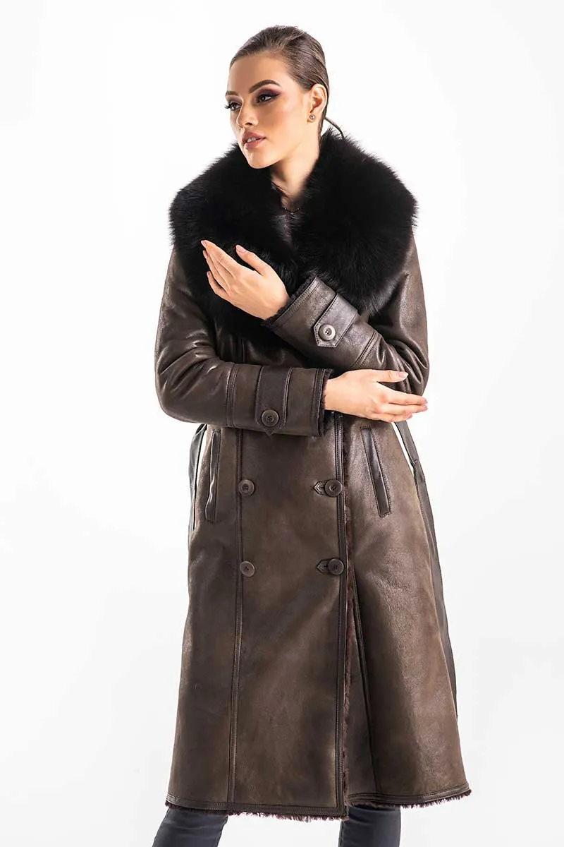 Brown Genuine Merino Shearling Coat with Arctic Fox Fur Collar