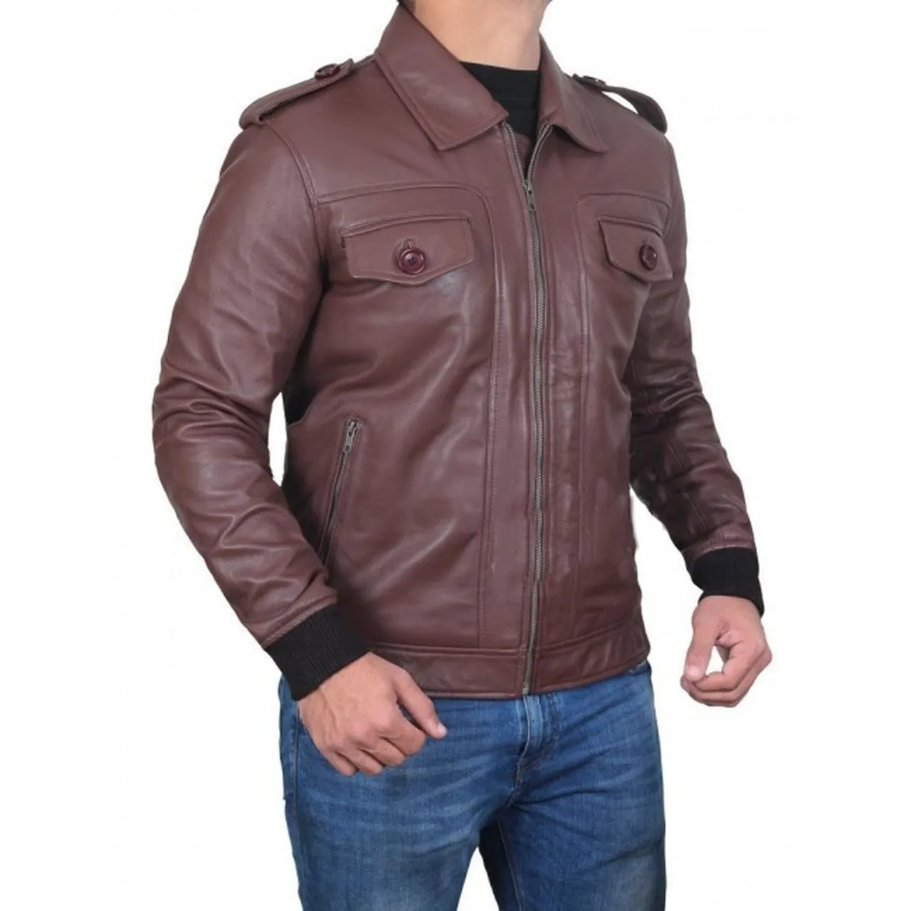 Brown Leather Bomber Jacket for Men