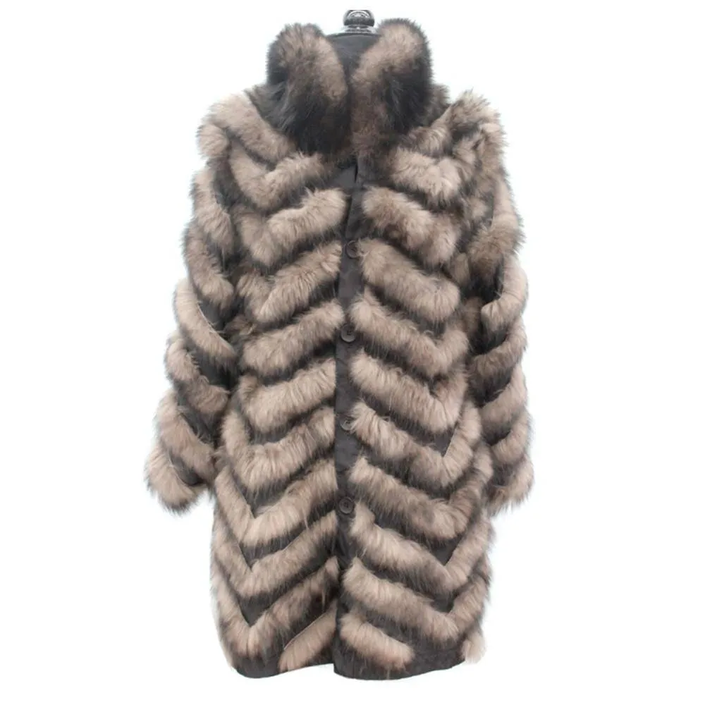 Brown Striped Reversible Solid Fox Fur to Solid with Fur Trim Coat