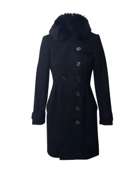 Burberry Coat with Fur Collar Trim in Black Virgin Wool