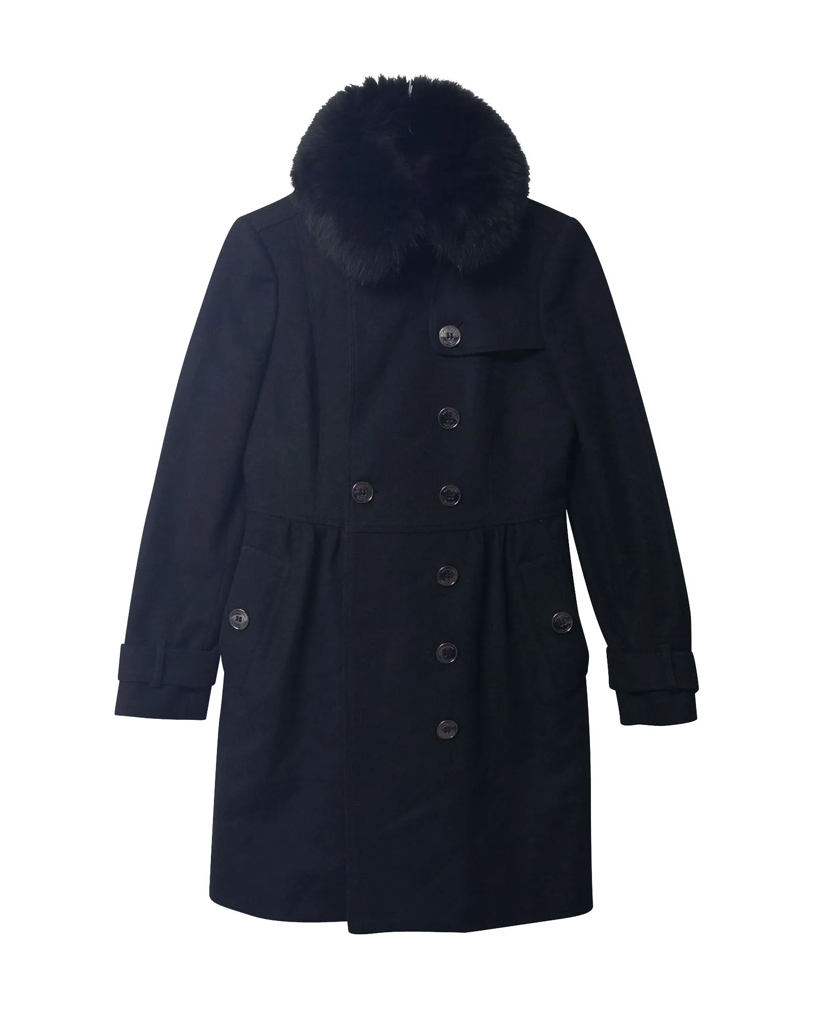 Burberry Coat with Fur Collar Trim in Black Virgin Wool