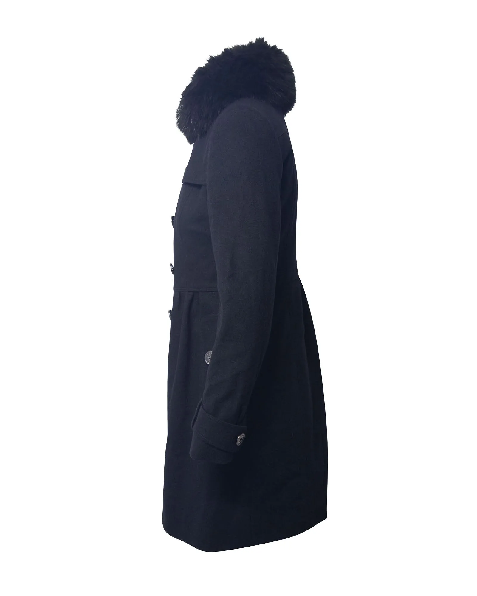 Burberry Coat with Fur Collar Trim in Black Virgin Wool