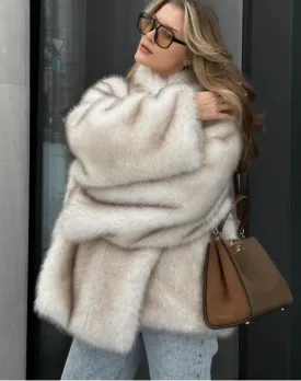 Chic white long sleeves faux fur coat