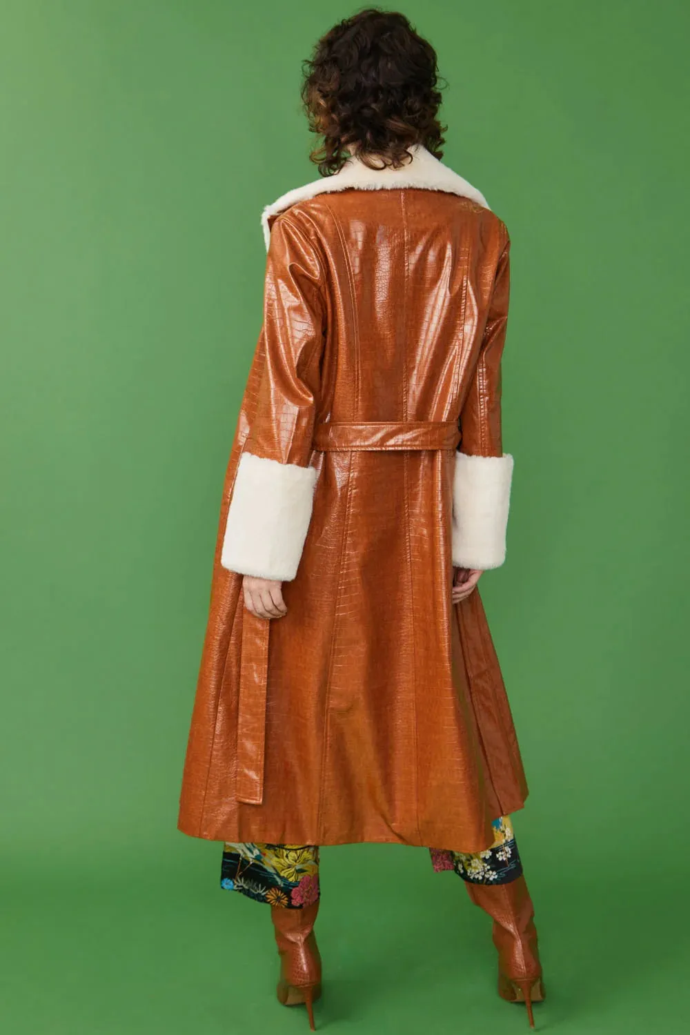 Choocolate Faux Leather Maxi Coat with Fur Cuffs and Collar