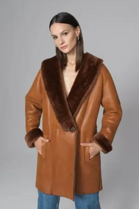 Cognac Lambskin Midi Coat with Merino Fur Collar