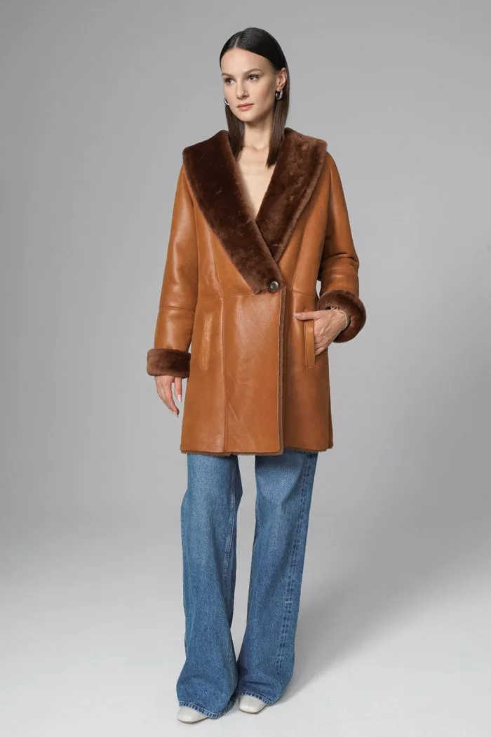 Cognac Lambskin Midi Coat with Merino Fur Collar