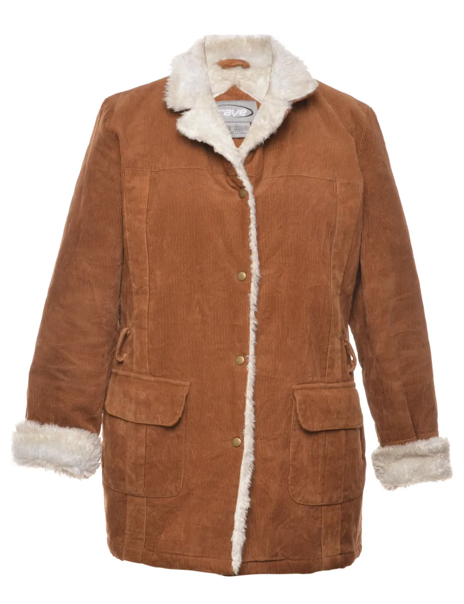 Corduroy Faux Fur Trim Brown Coat - L