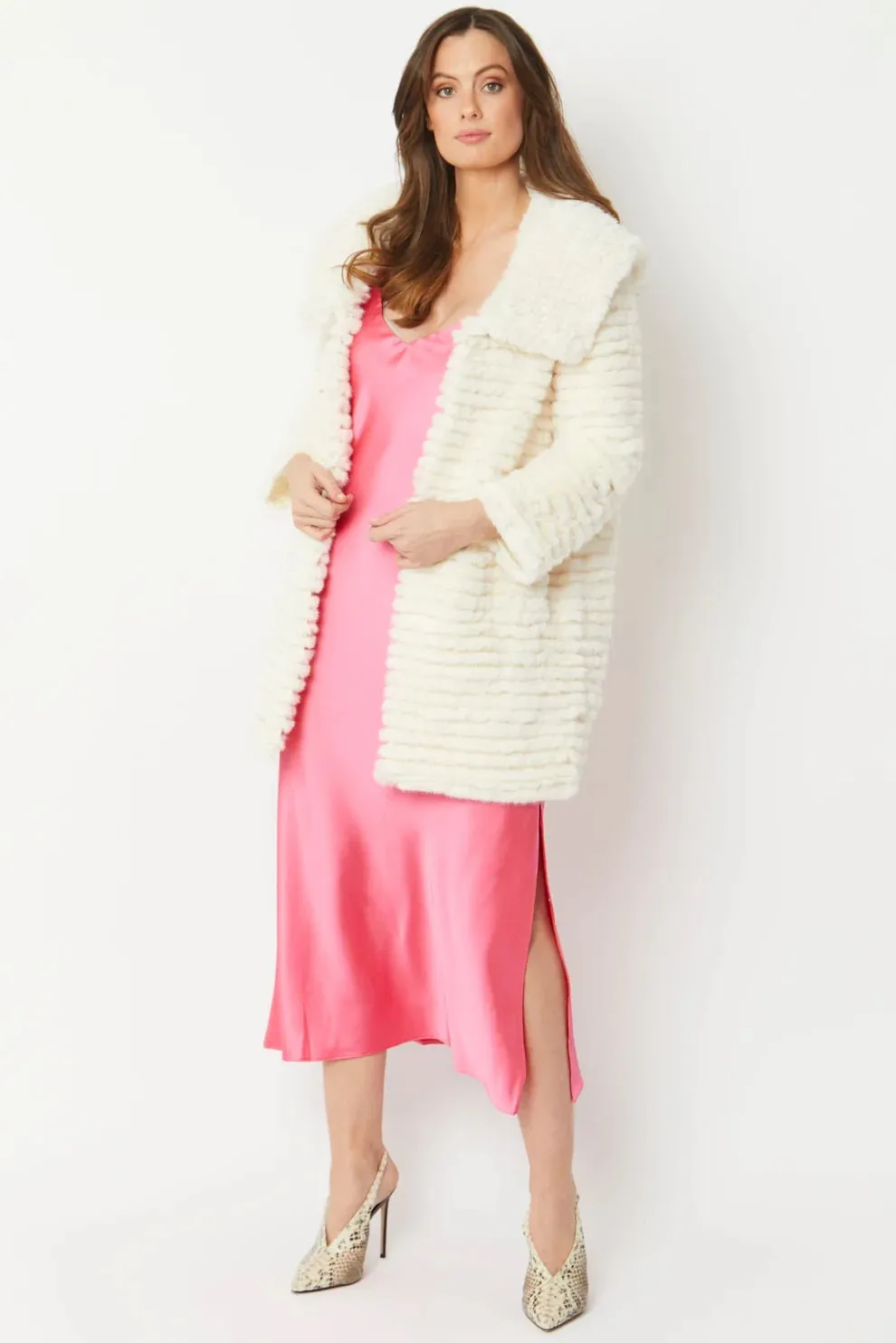 Cream Faux Mink Fur Hooded Coat